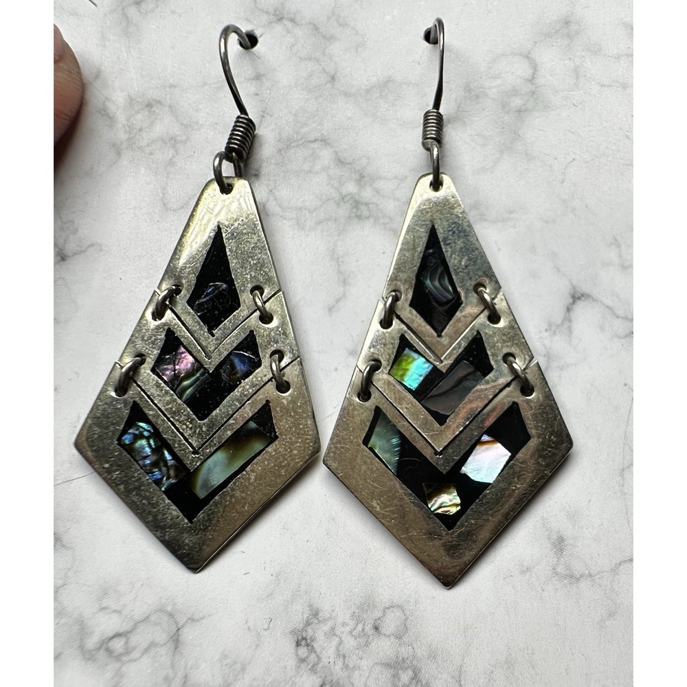 VTG Mexico Alpaca‎ Silver Abalone Shell Inlay Earrings Geometric Chevron Boho